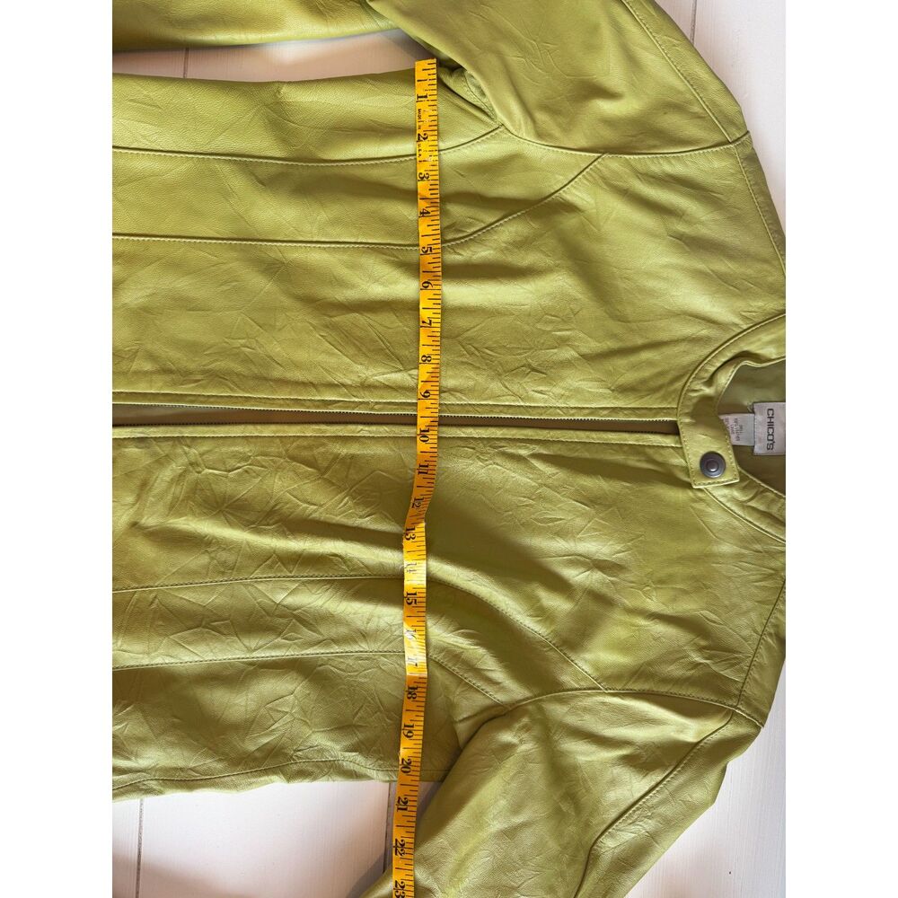 Chico's Lime Green 100% Leather Jacket Moto Zip Snap Collar Size 1 M/L - Picture 6 of 7